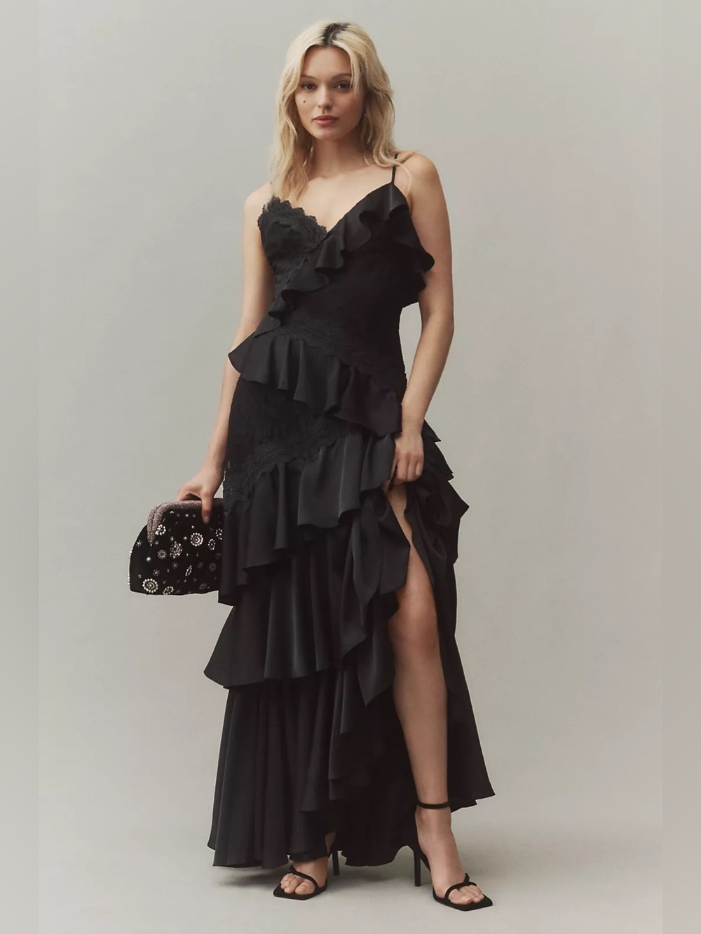Anthropologie BHLDN Elora Sleeveless V-Neck Ruffle Lace Maxi Dress Black